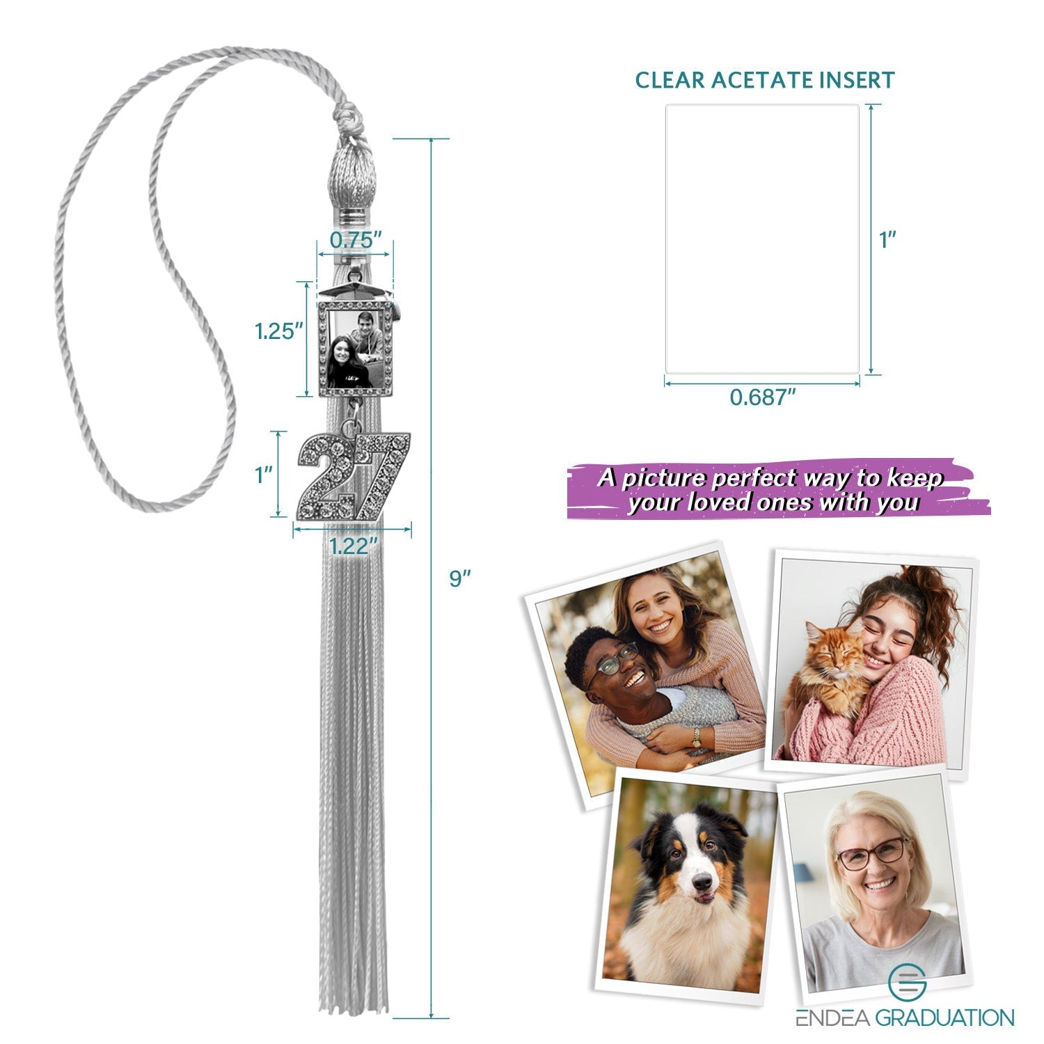 Silver Tassel with Photo Frame Charm and Bling Charm - Endea Graduation