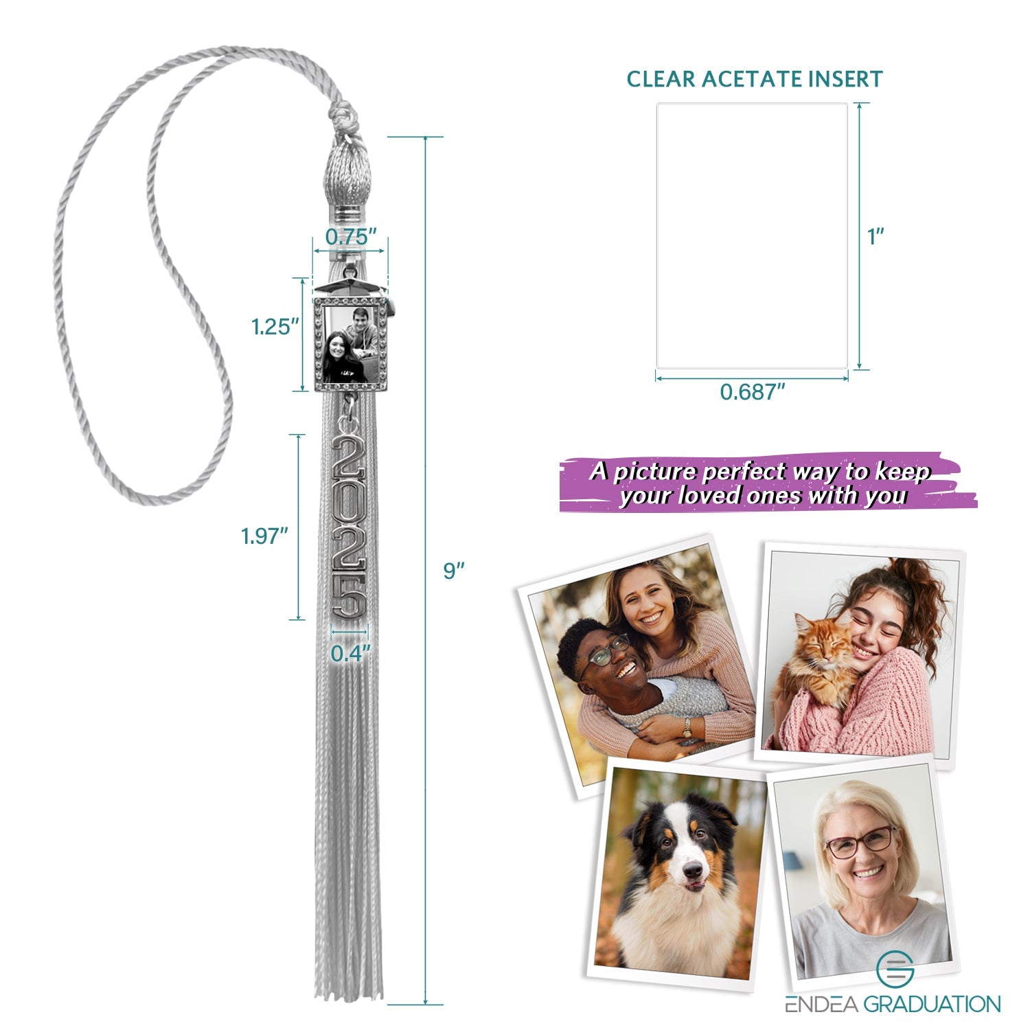 Silver Tassel with Photo Frame Charm and Stacked Date Drop - Endea Graduation