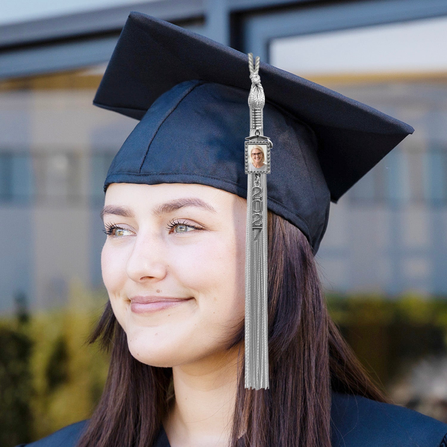 Silver Tassel with Photo Frame Charm and Stacked Date Drop - Endea Graduation