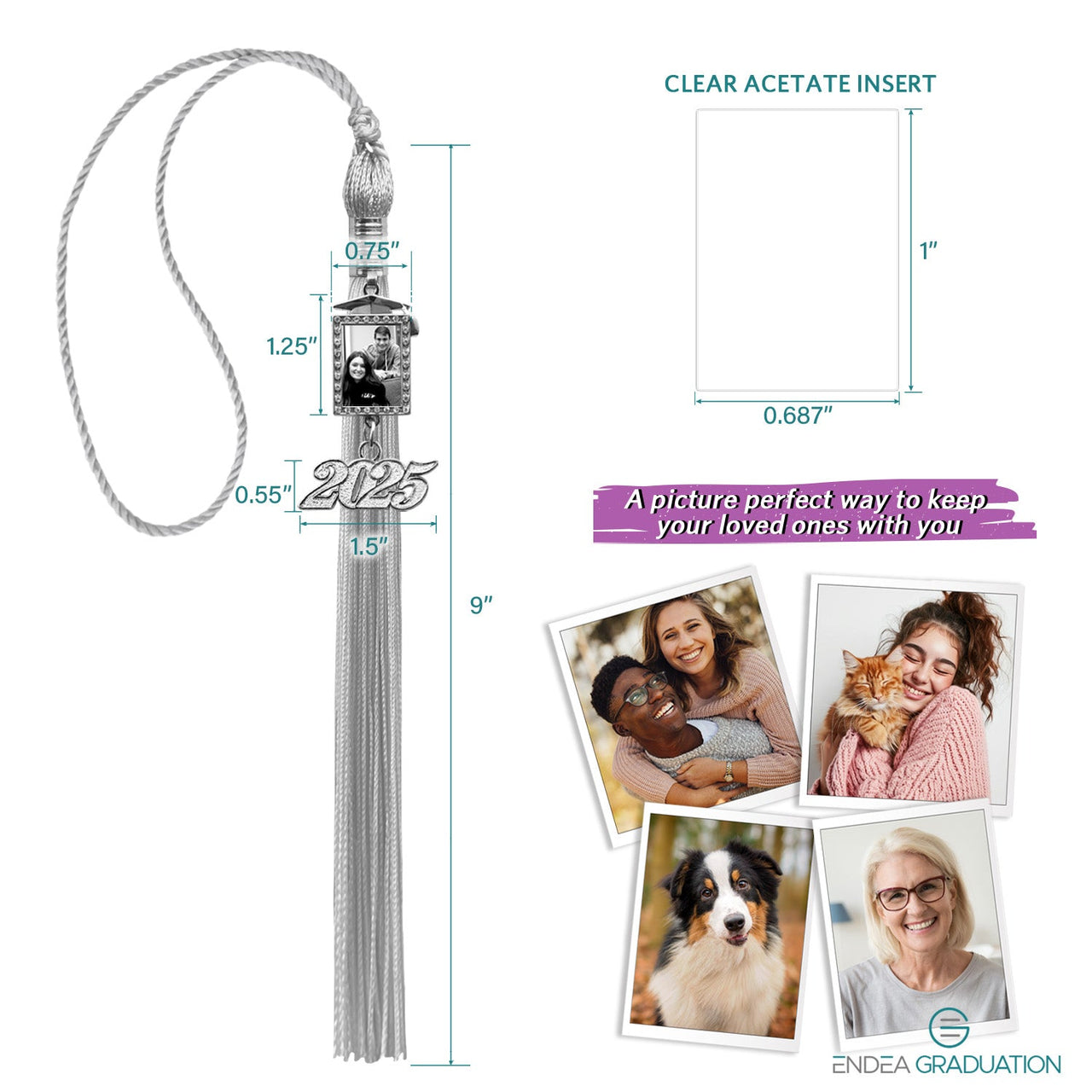 Silver Tassel with Photo Frame Charm and Year Date Drop - Endea Graduation