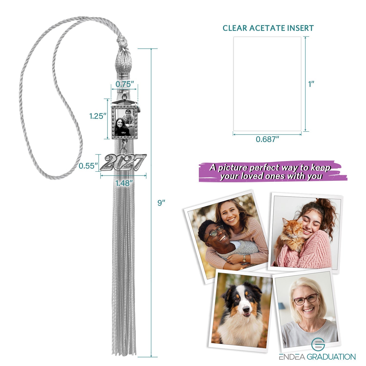 Silver Tassel with Photo Frame Charm and Year Date Drop - Endea Graduation