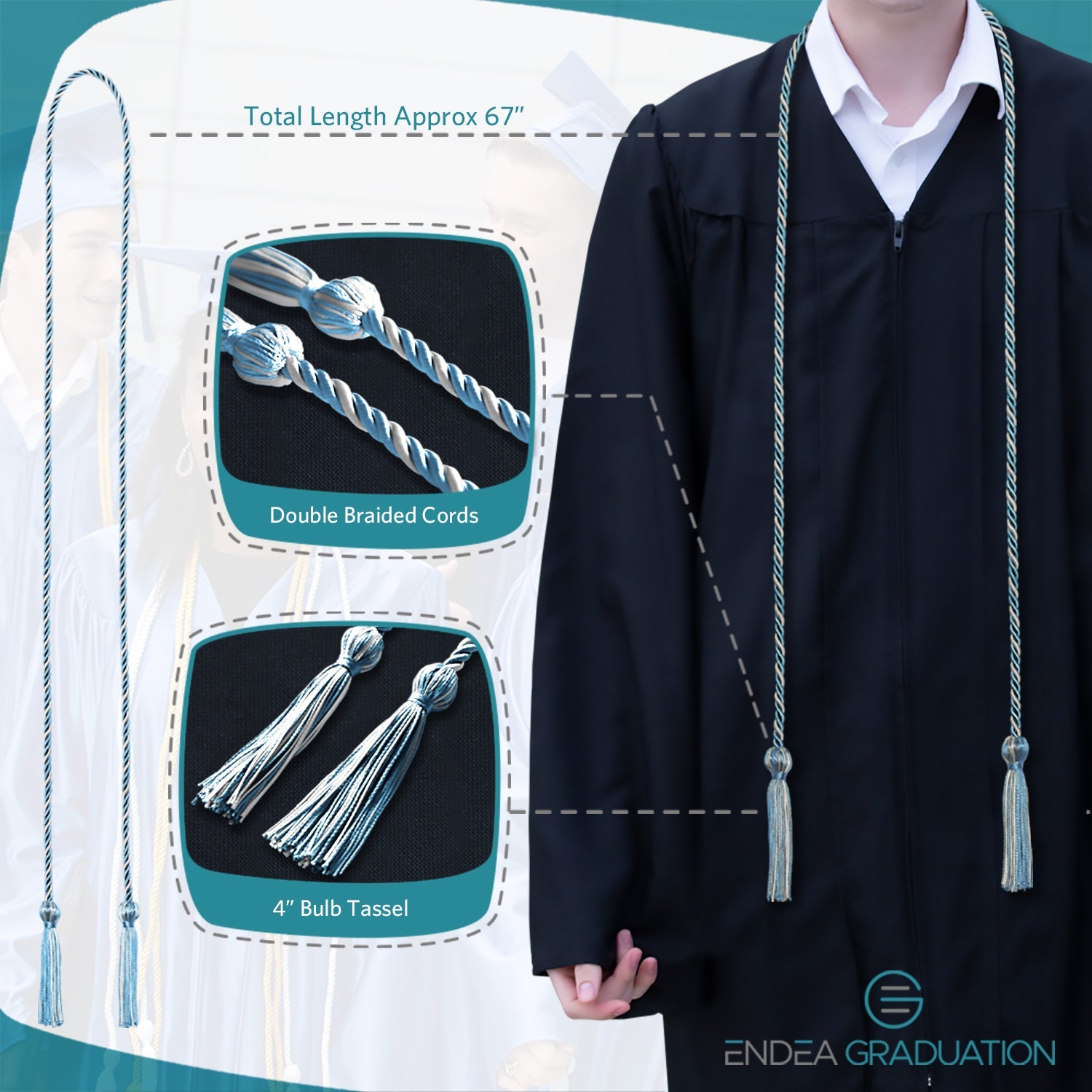 Single Graduation Honor Cord Light Blue/White - Endea Graduation