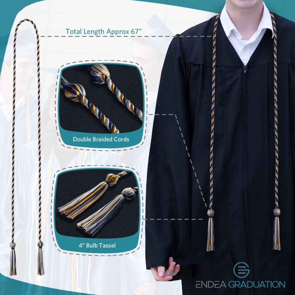 Single Graduation Honor Cord Navy Blue/Gold/White - Endea Graduation