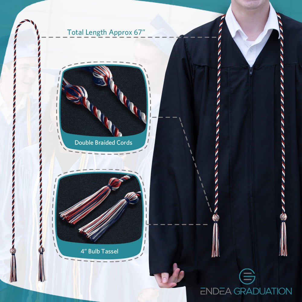 Single Graduation Honor Cord Navy Blue/Red/White - Endea Graduation