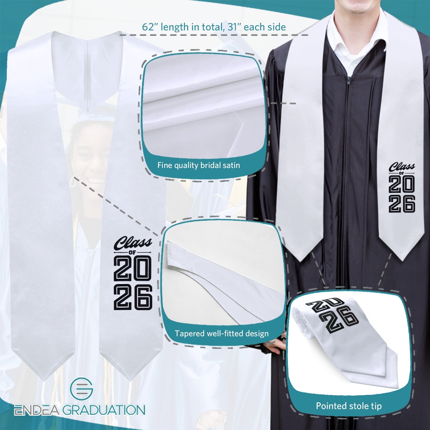 White Class of 2026 Graduation Stole/Sash with Classic Tips - Endea Graduation