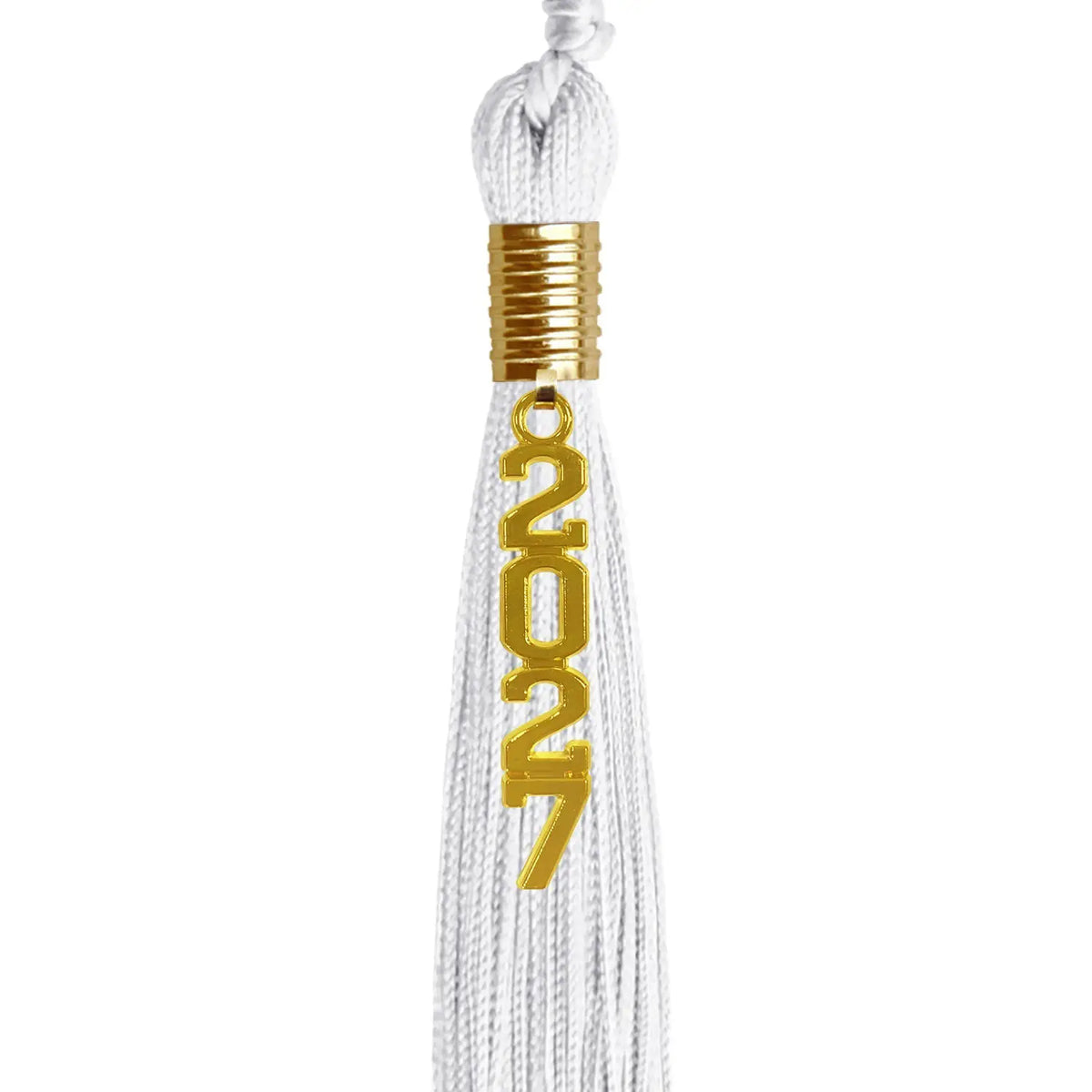 White Graduation Tassel with Gold Stacked Date Drop by Endea Graduation