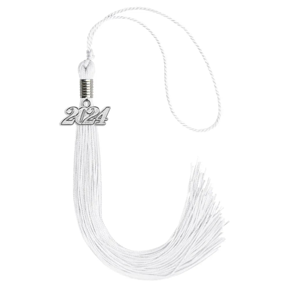 White Graduation Tassel with Silver Date Drop by Endea Graduation