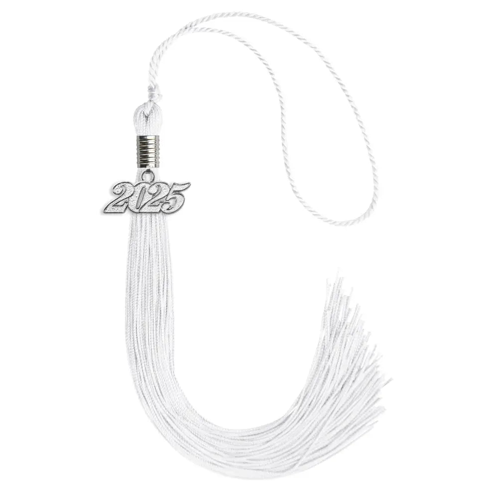 White Graduation Tassel with Silver Date Drop by Endea Graduation