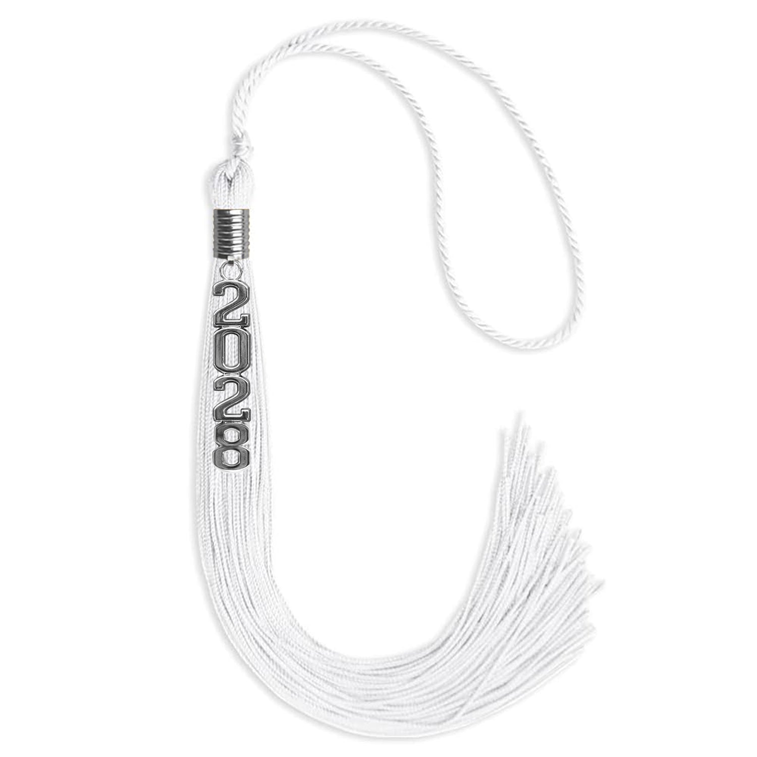 White Graduation Tassel with Silver Stacked Date Drop - Endea Graduation