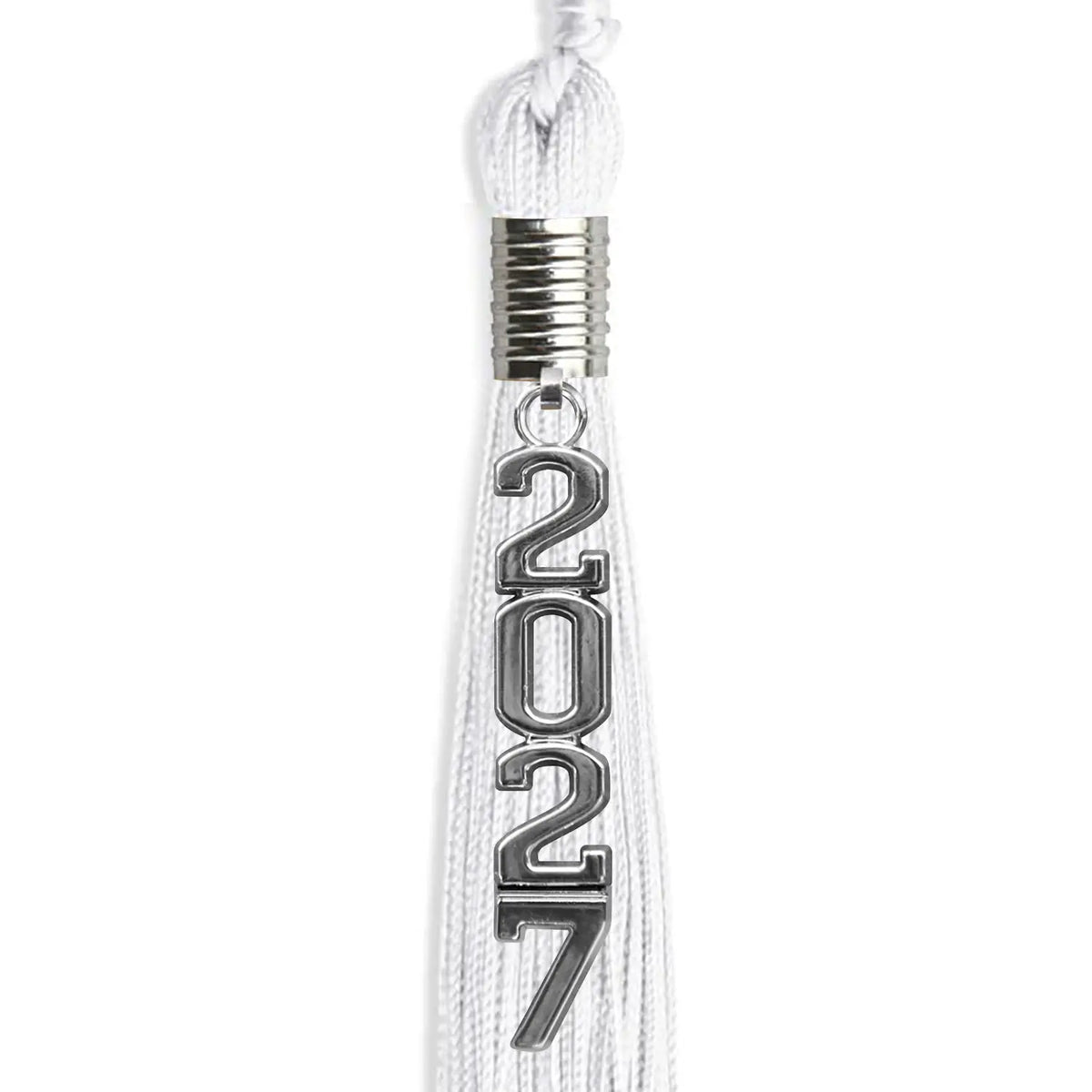 White Graduation Tassel with Silver Stacked Date Drop by Endea Graduation