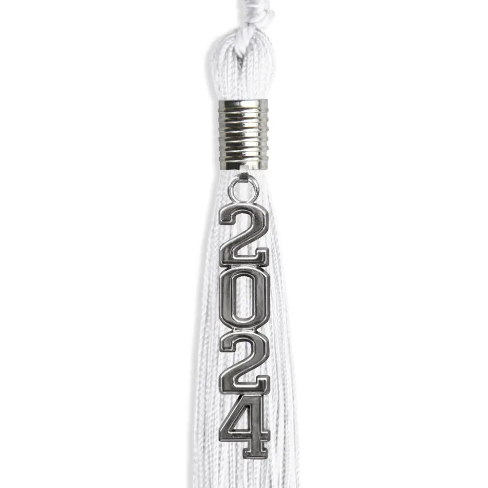 White Graduation Tassel with Silver Stacked Date Drop by Endea Graduation