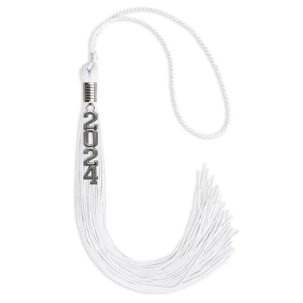 White Graduation Tassel with Silver Stacked Date Drop by Endea Graduation