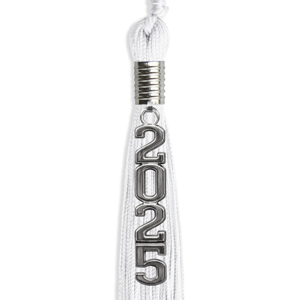 White Graduation Tassel with Silver Stacked Date Drop - Endea Graduation