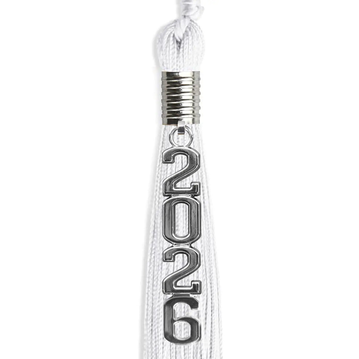 White Graduation Tassel with Silver Stacked Date Drop by Endea Graduation