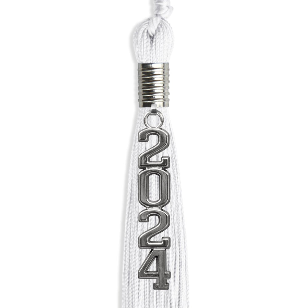 White Graduation Tassel with Silver Stacked Date Drop - Endea Graduation