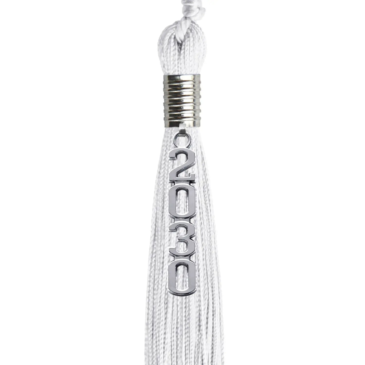 White Graduation Tassel with Silver Stacked Date Drop by Endea Graduation