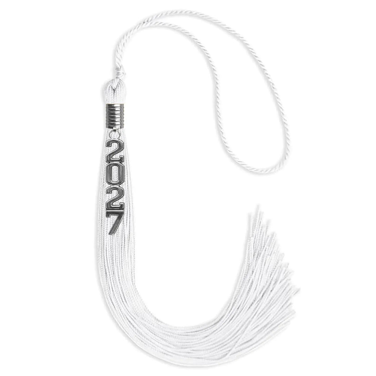 White Graduation Tassel with Silver Stacked Date Drop by Endea Graduation