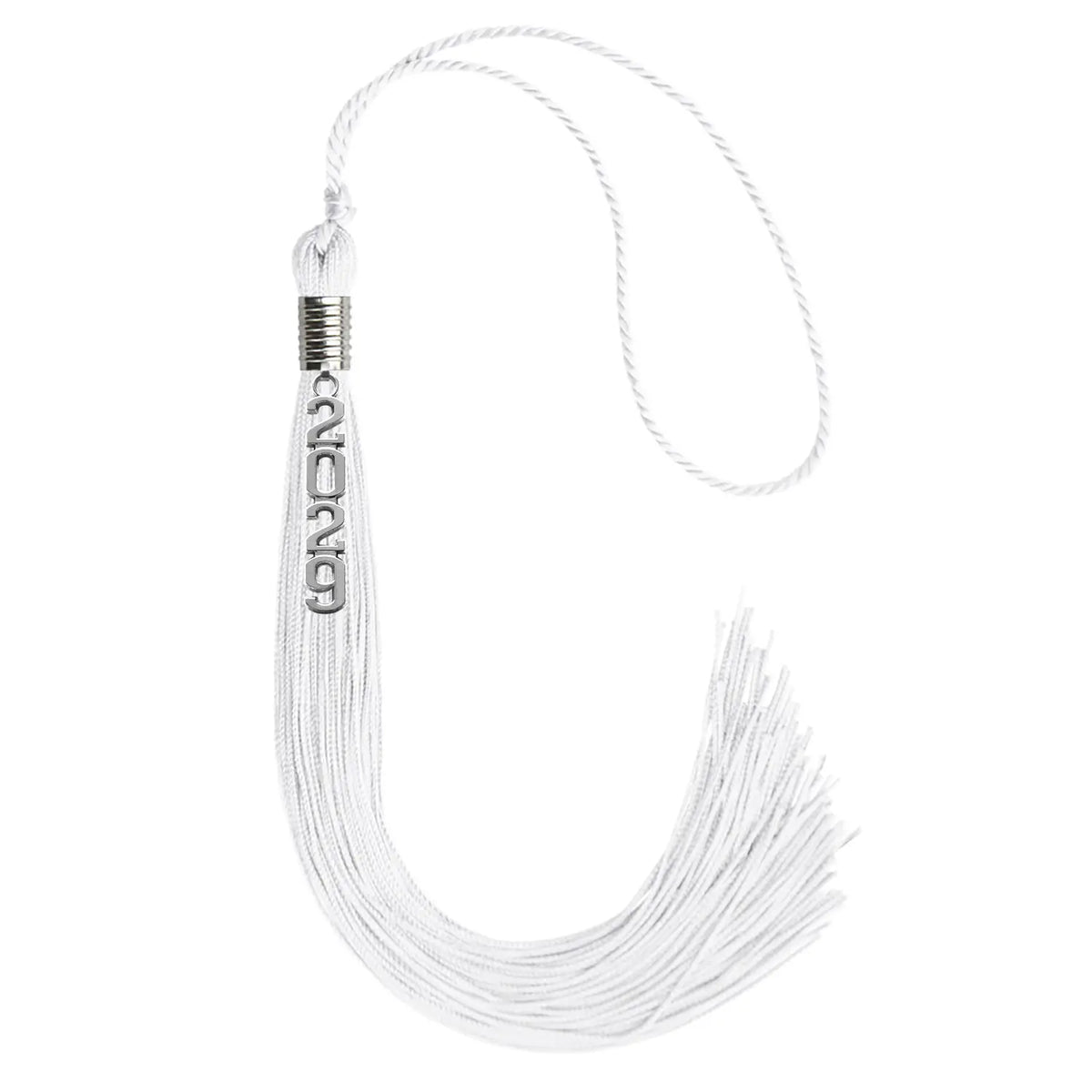 White Graduation Tassel with Silver Stacked Date Drop by Endea Graduation