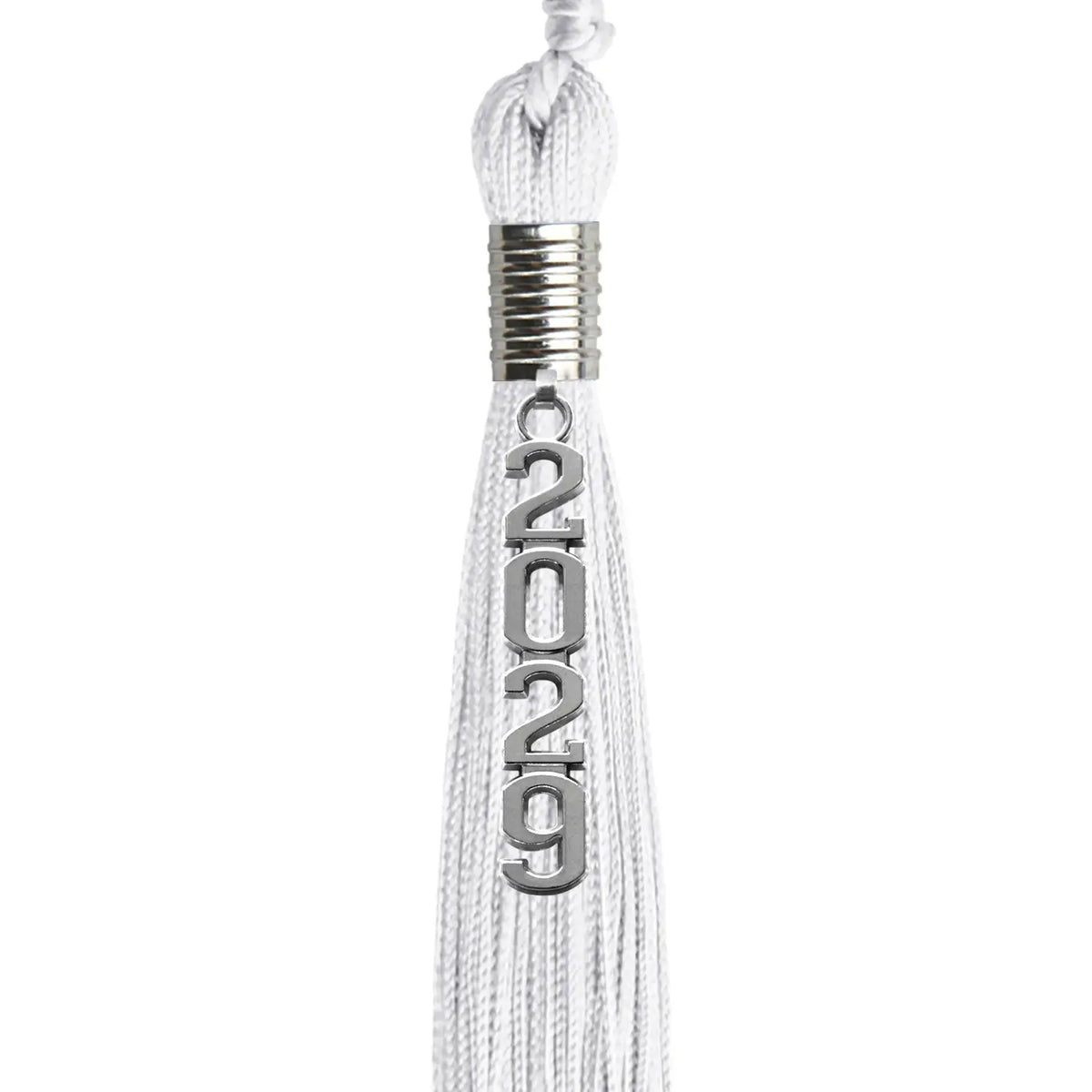 White Graduation Tassel with Silver Stacked Date Drop by Endea Graduation