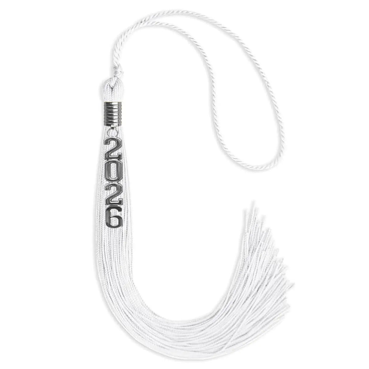 White Graduation Tassel with Silver Stacked Date Drop by Endea Graduation