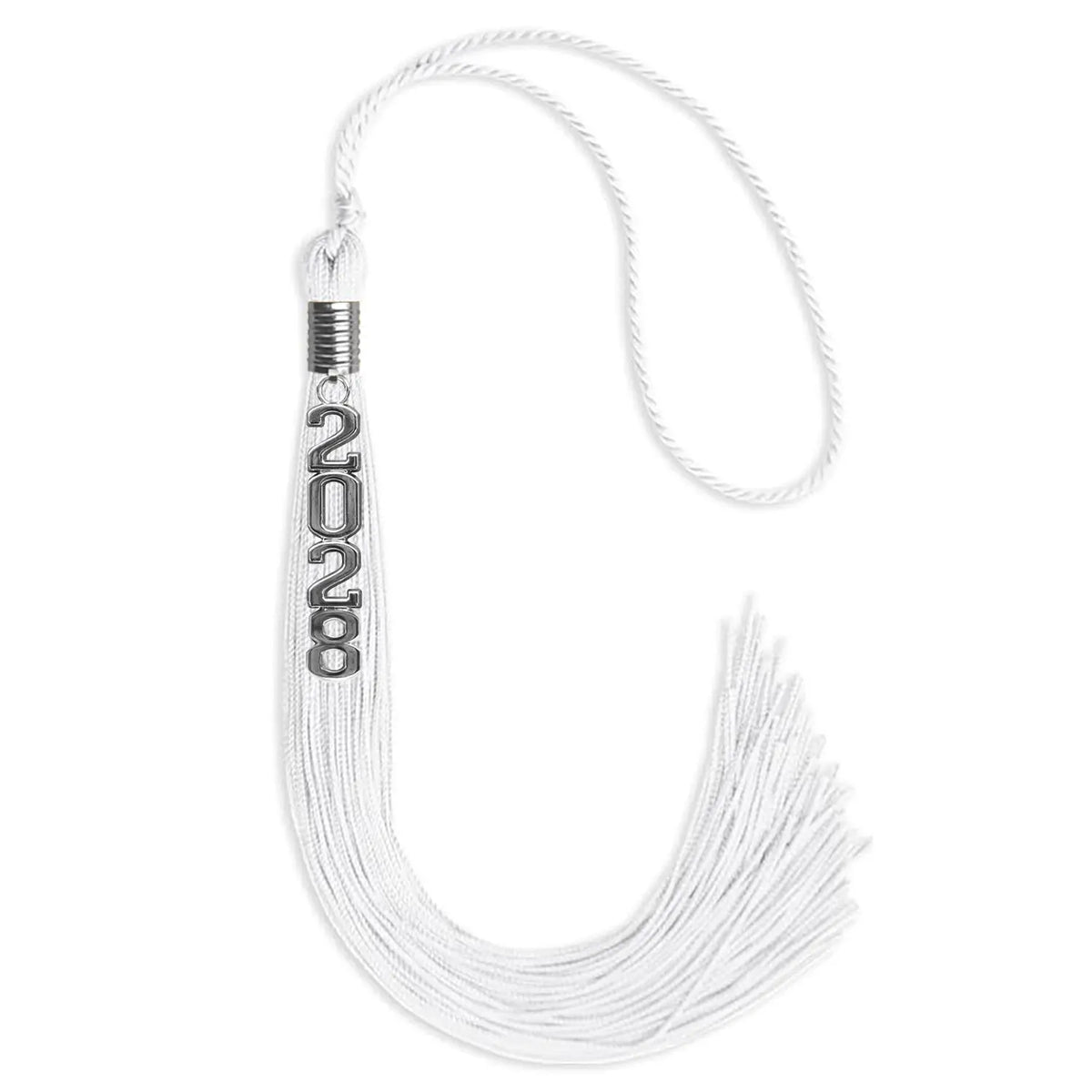 White Graduation Tassel with Silver Stacked Date Drop by Endea Graduation