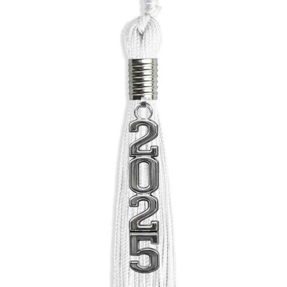 White Graduation Tassel with Silver Stacked Date Drop by Endea Graduation