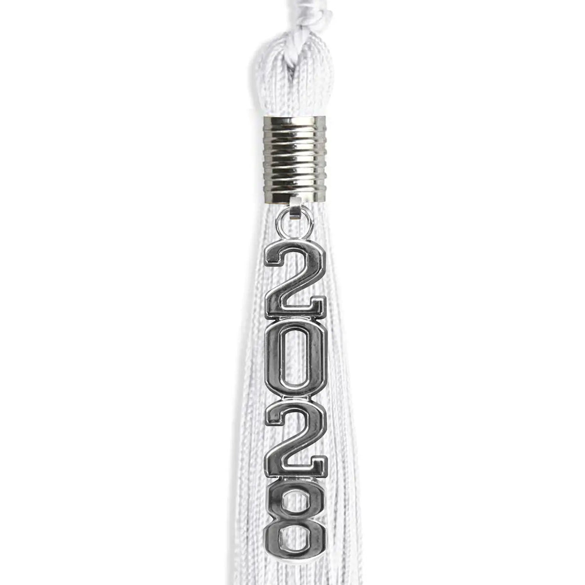 White Graduation Tassel with Silver Stacked Date Drop by Endea Graduation