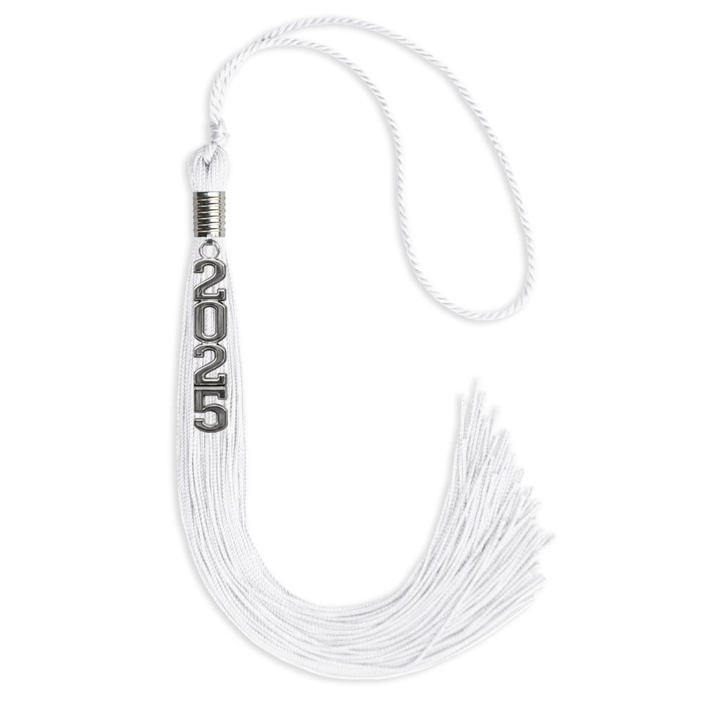 White Graduation Tassel with Silver Stacked Date Drop - Endea Graduation