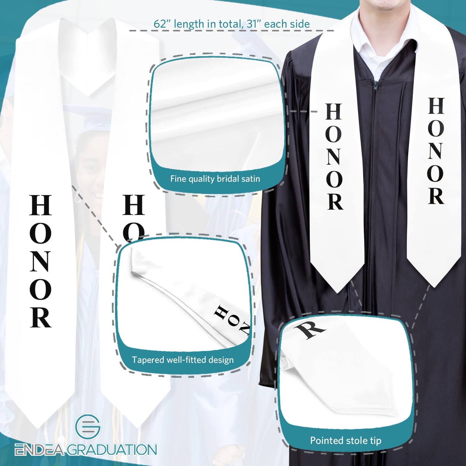 White Honors Graduation Stole/Sash with Classic Tips - Endea Graduation