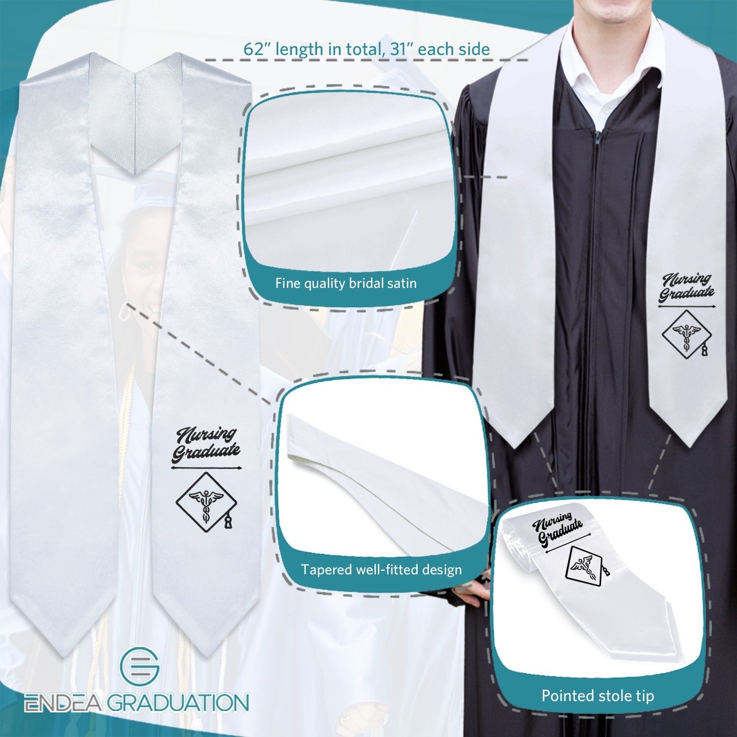 White Nursing Graduate Stole/Sash with Classic Tips