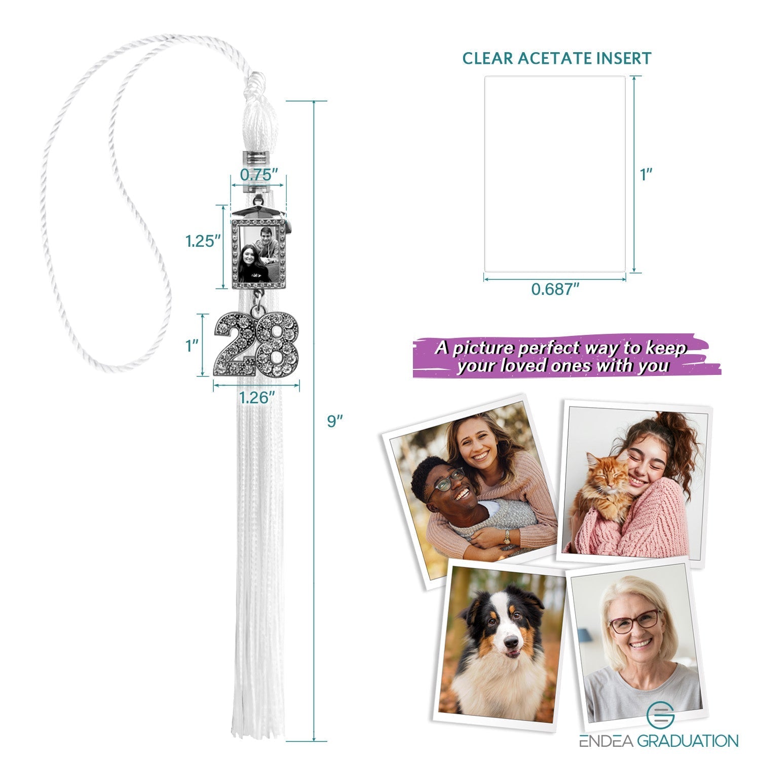 White Tassel with Photo Frame Charm and Bling Charm - Endea Graduation