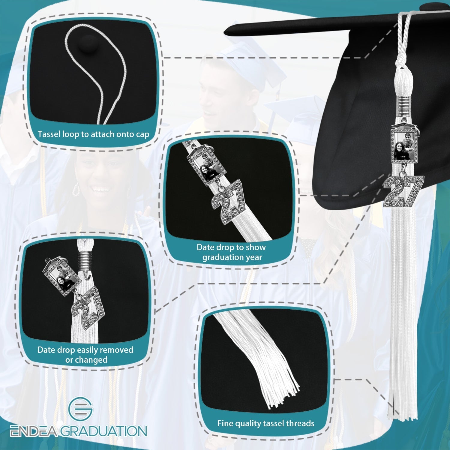 White Tassel with Photo Frame Charm and Bling Charm - Endea Graduation