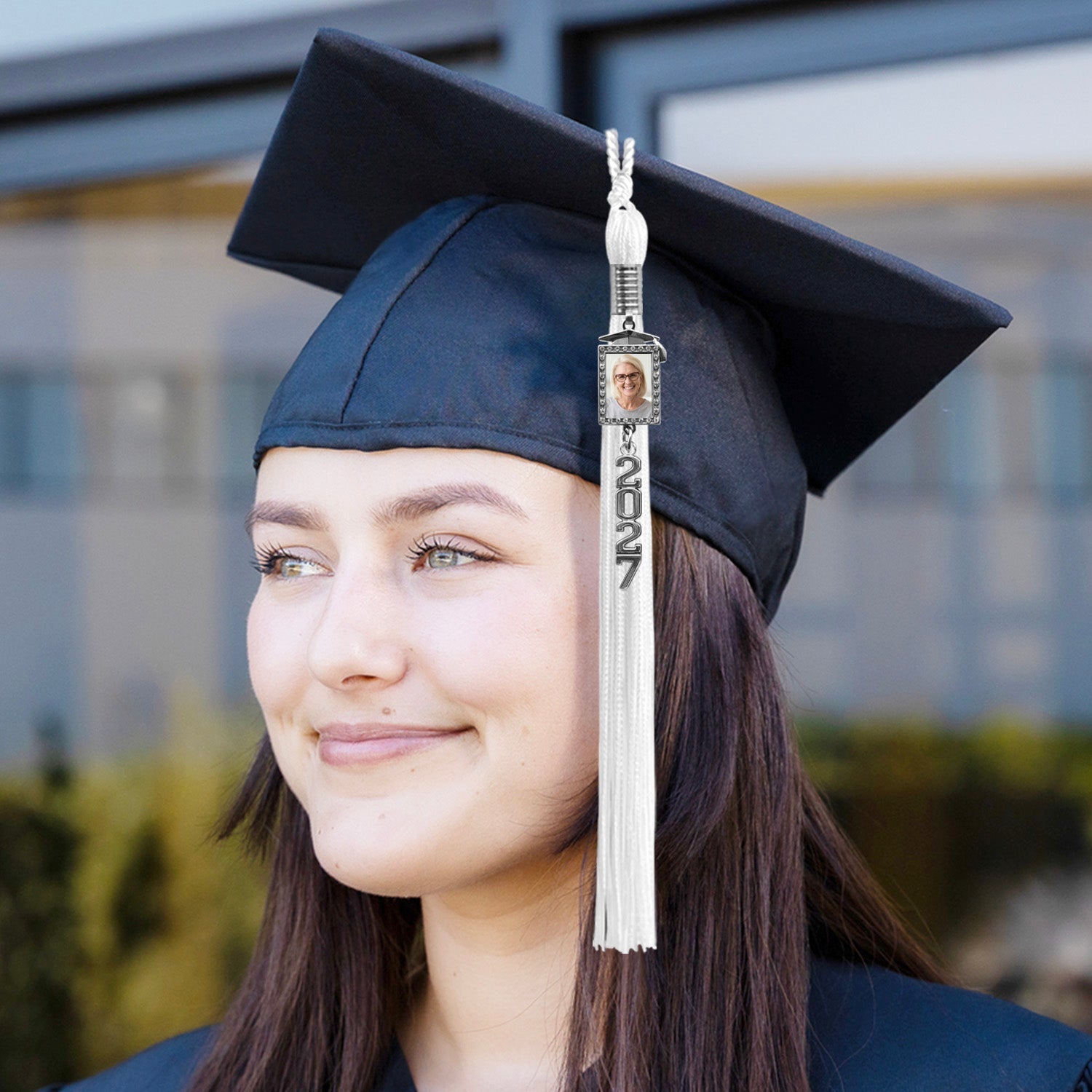 White Tassel with Photo Frame Charm and Stacked Date Drop - Endea Graduation