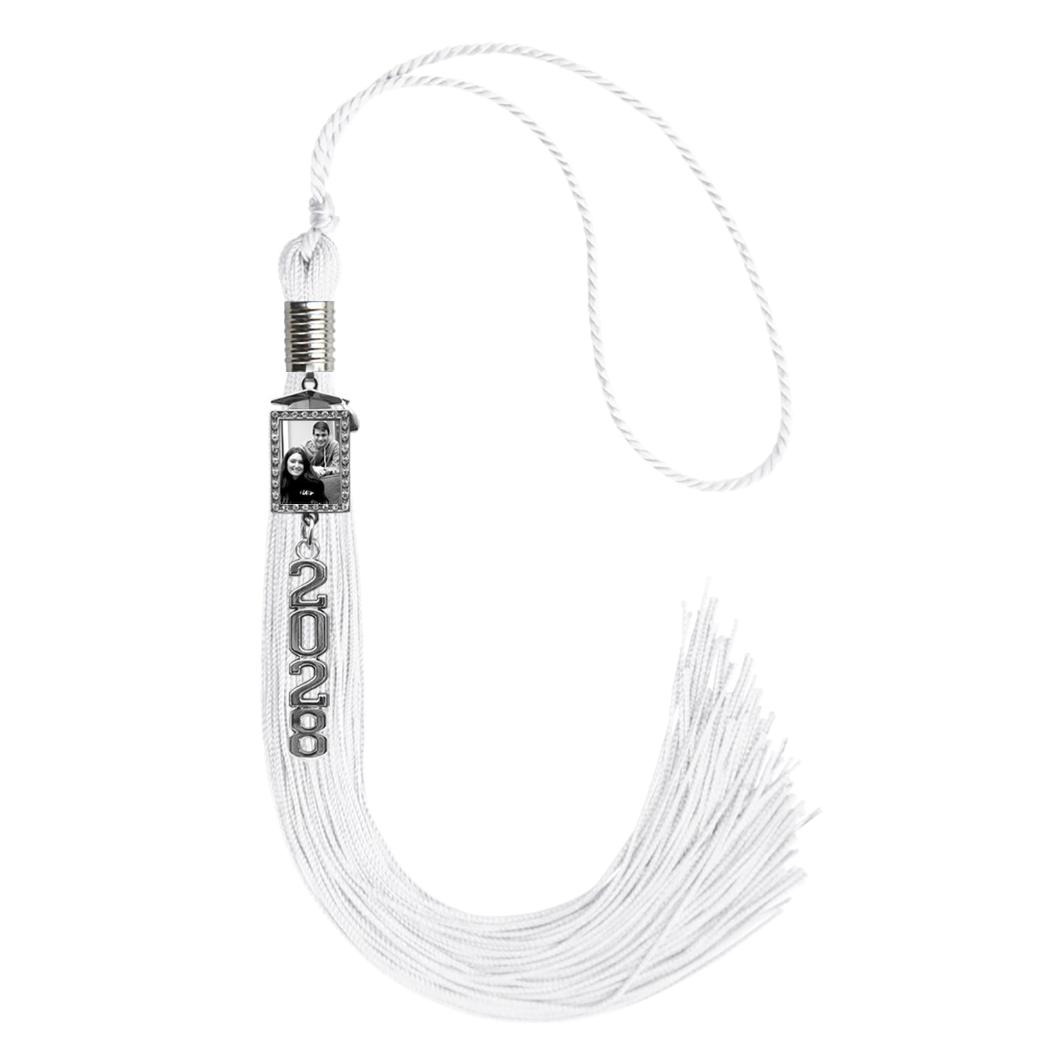 White Tassel with Photo Frame Charm and Stacked Date Drop - Endea Graduation