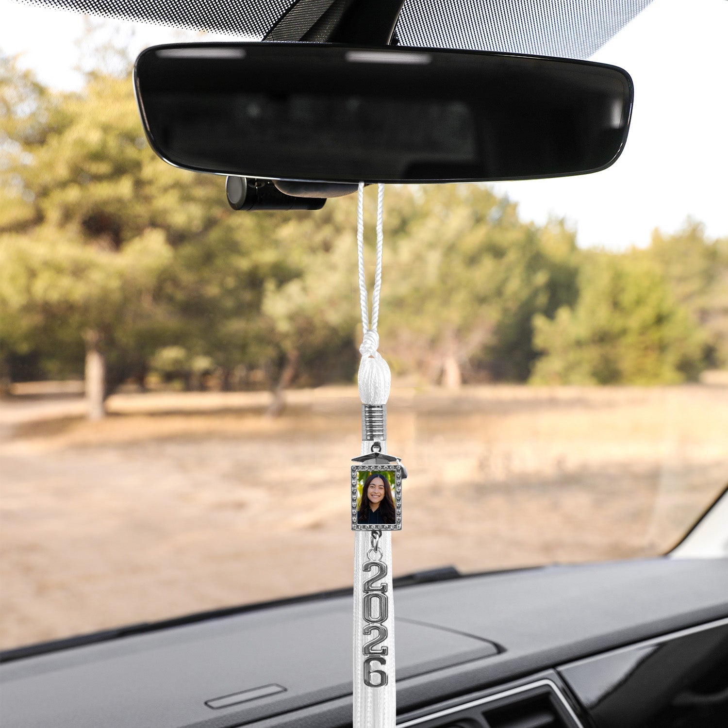 White Tassel with Photo Frame Charm and Stacked Date Drop - Endea Graduation
