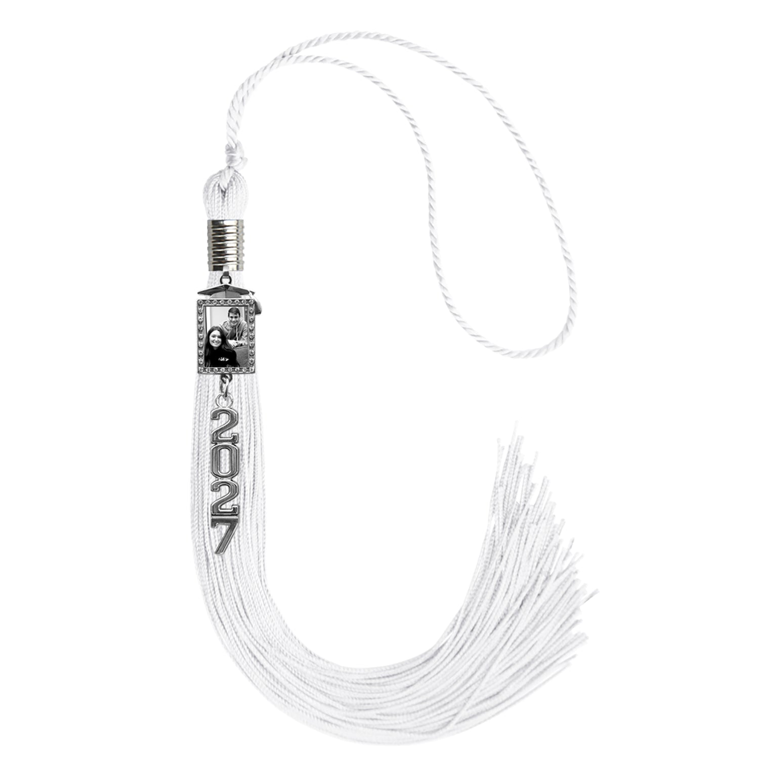 White Tassel with Photo Frame Charm and Stacked Date Drop - Endea Graduation
