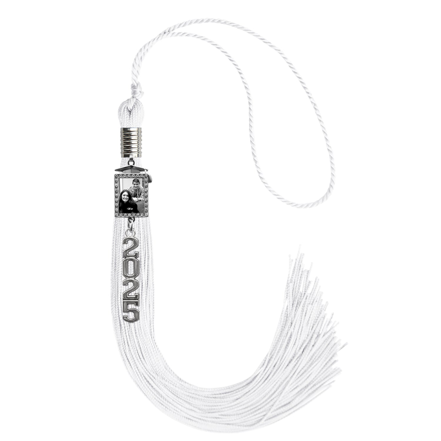 White Tassel with Photo Frame Charm and Stacked Date Drop - Endea Graduation
