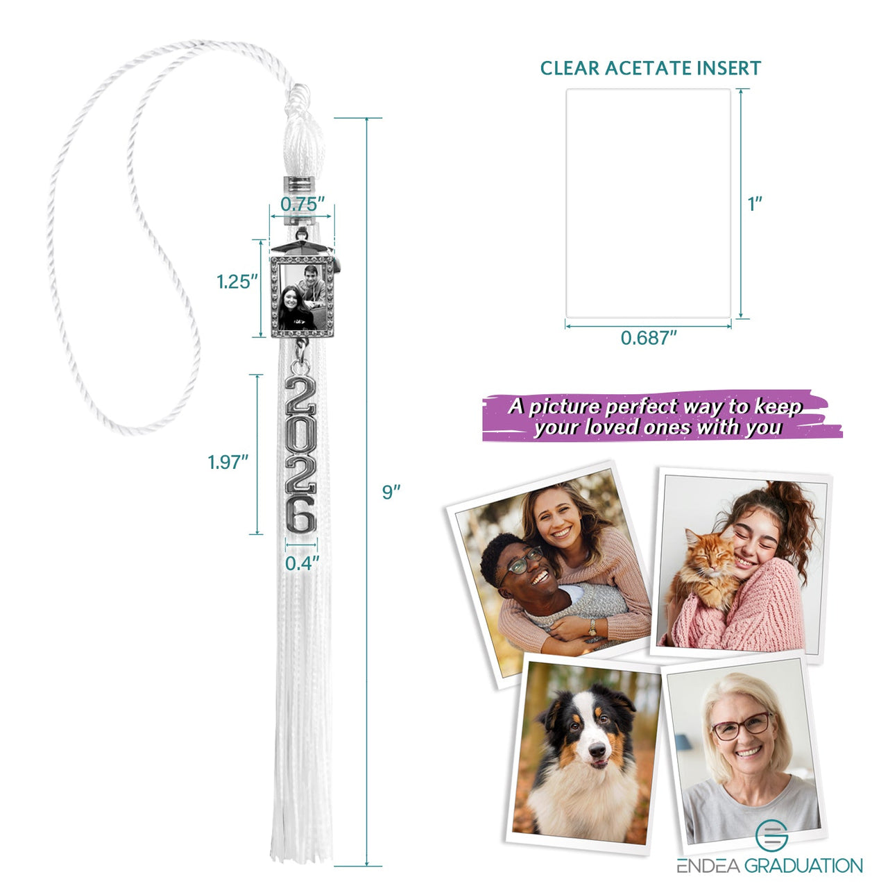 White Tassel with Photo Frame Charm and Stacked Date Drop - Endea Graduation