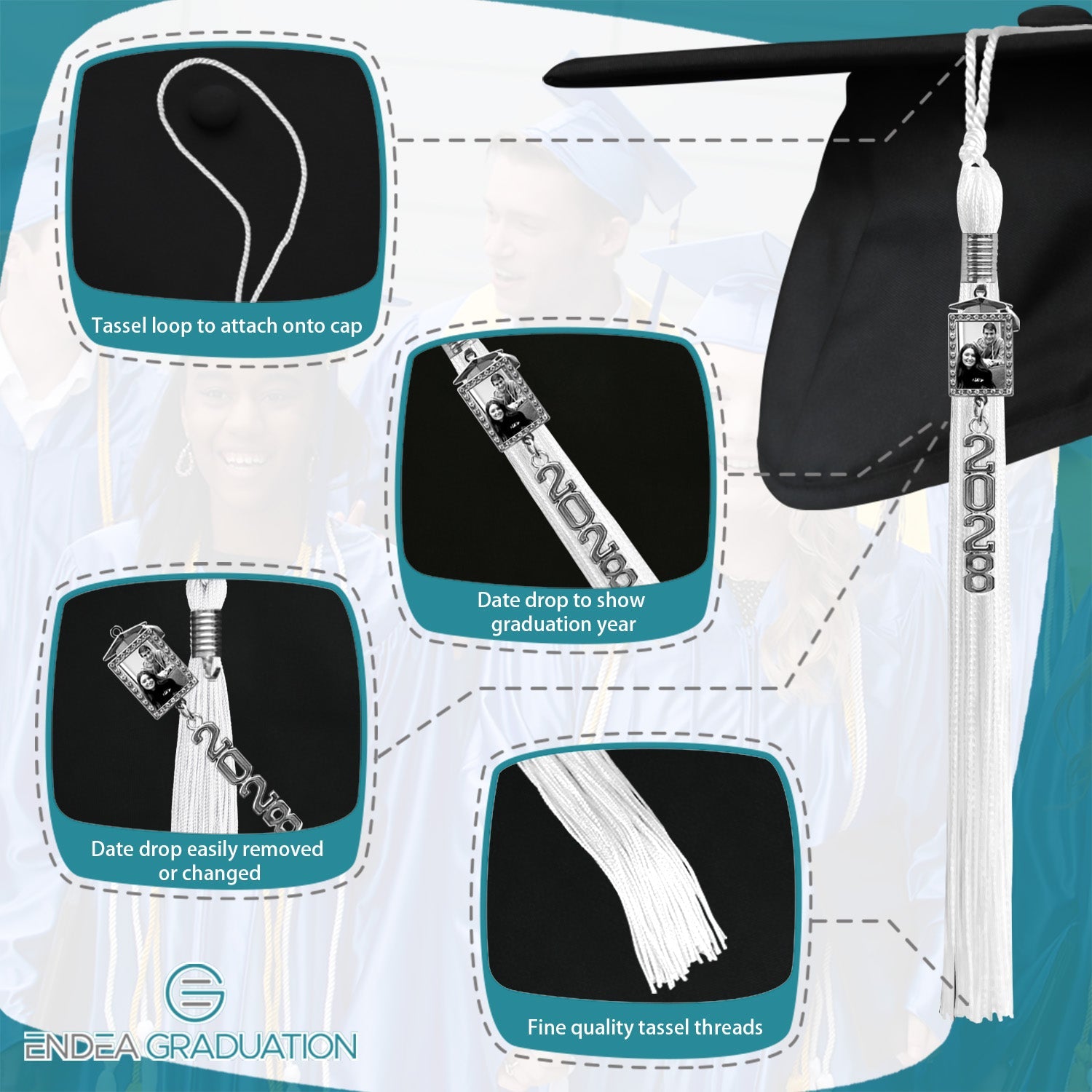 White Tassel with Photo Frame Charm and Stacked Date Drop - Endea Graduation