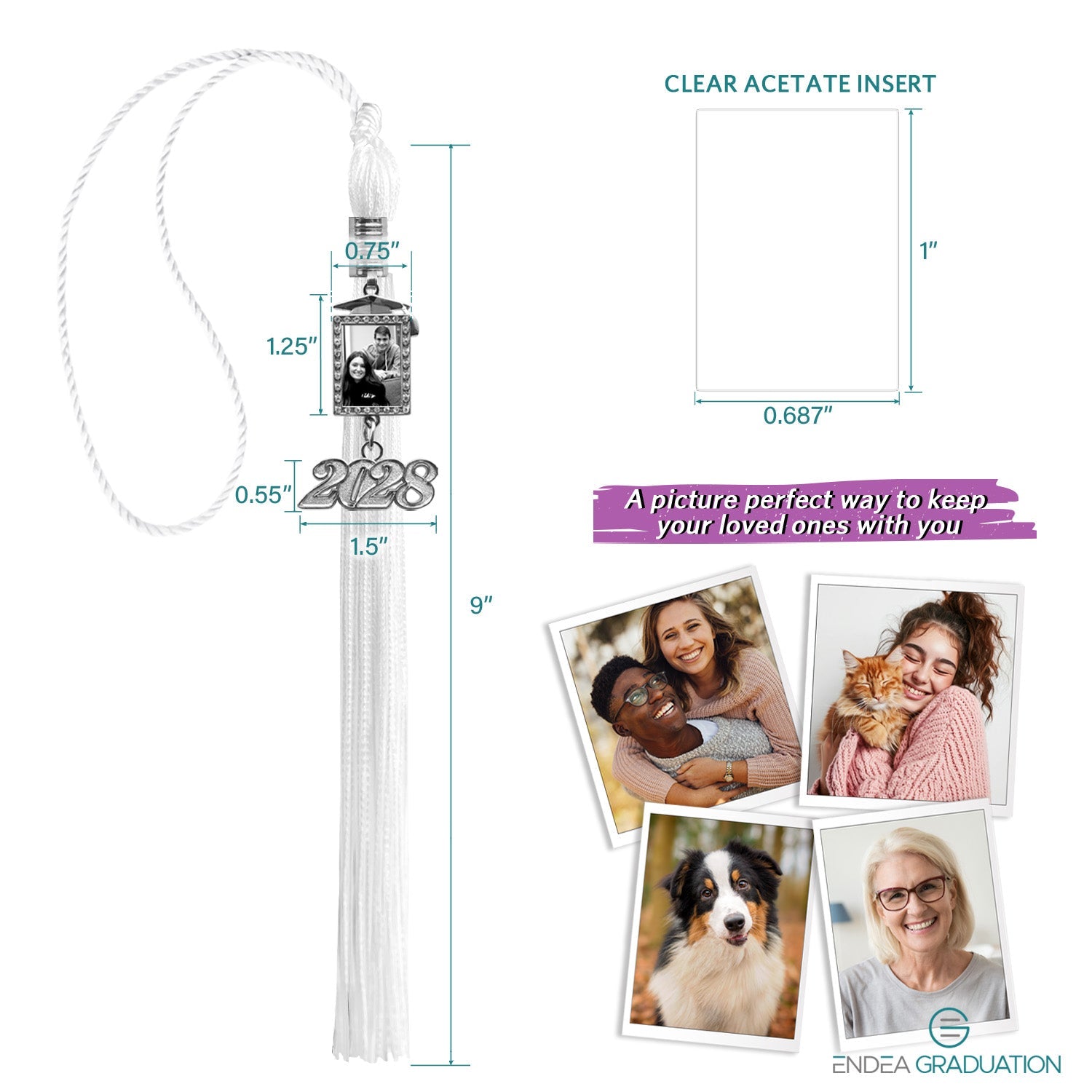 White Tassel with Photo Frame Charm and Year Date Drop - Endea Graduation