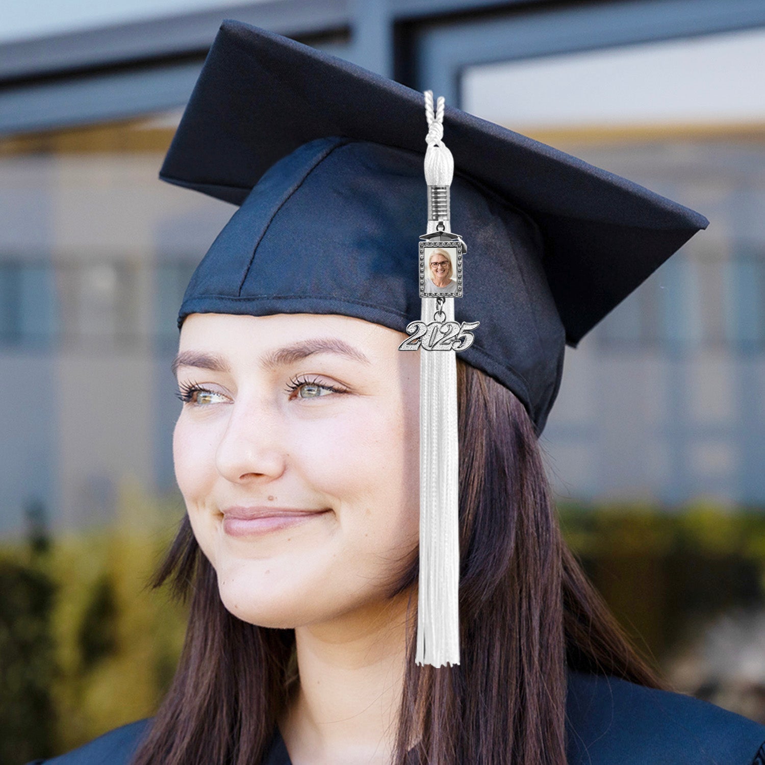 White Tassel with Photo Frame Charm and Year Date Drop - Endea Graduation
