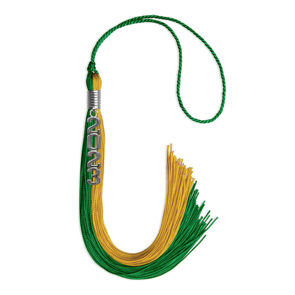 Green/Bright Gold Graduation Tassel With Silver Stacked Date Drop