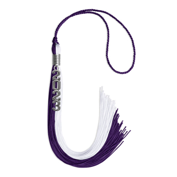 Purple/White Graduation Tassel With Silver Stacked Date Drop