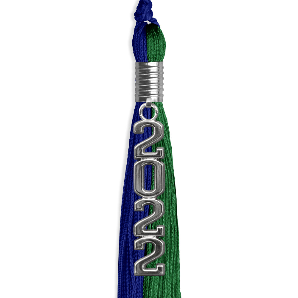 Royal Blue/Green Graduation Tassel With Silver Stacked Date Drop - Endea Graduation