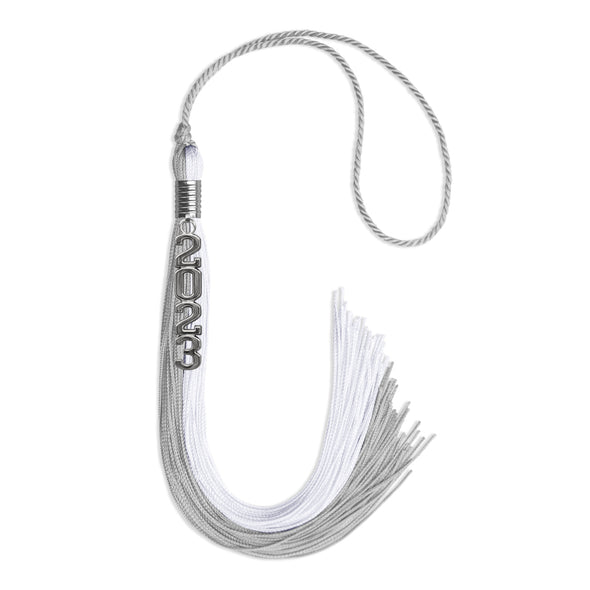 Grey/White Graduation Tassel With Silver Stacked Date Drop