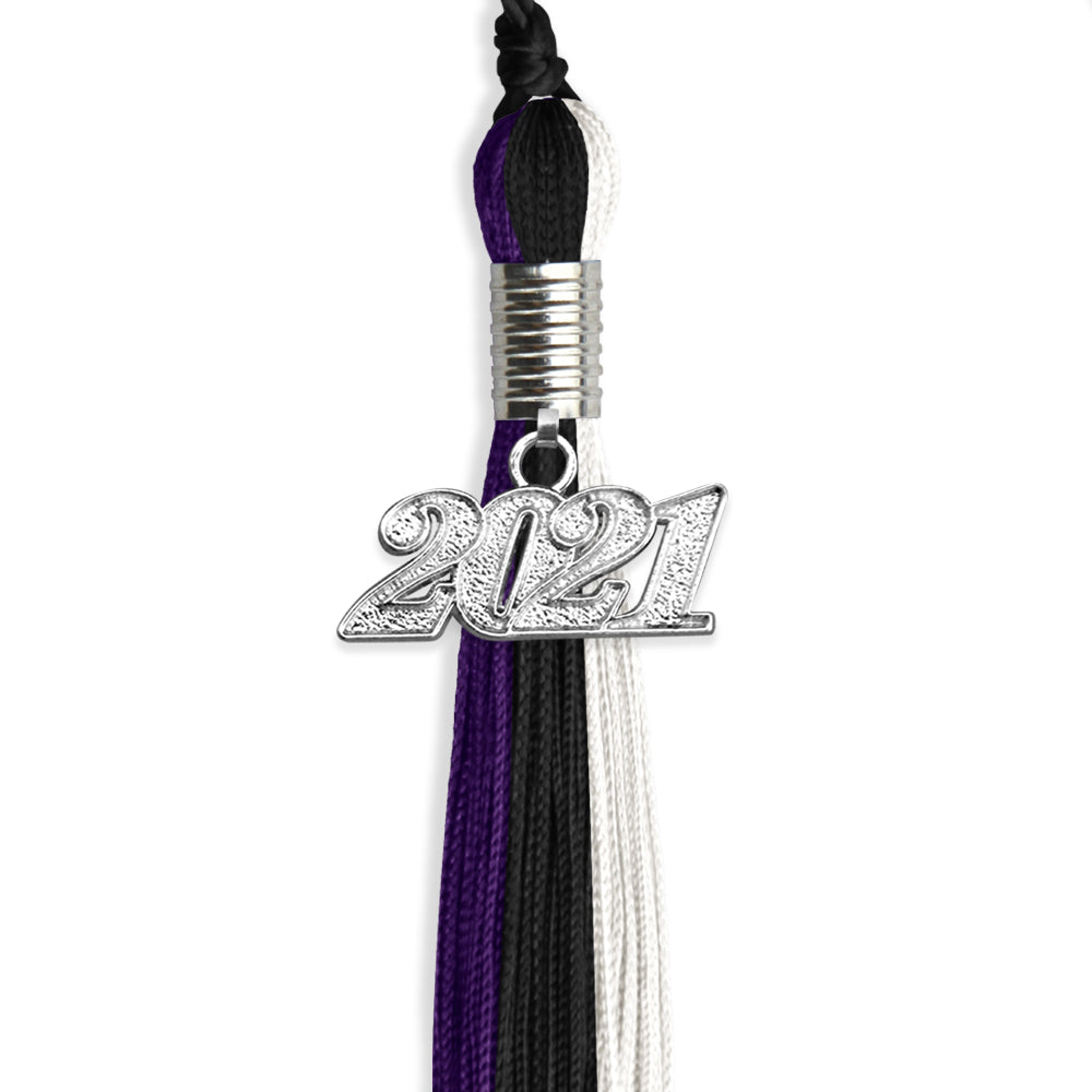 Black/Purple/White Graduation Tassel With Silver Date Drop - Endea Graduation