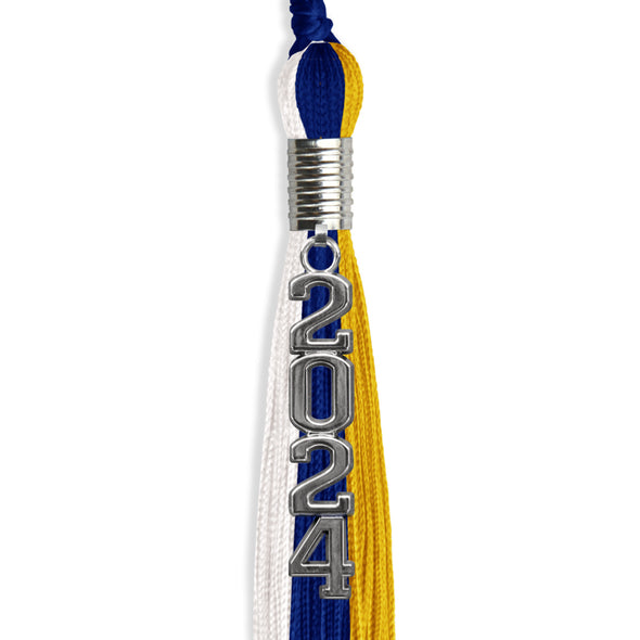 Royal Blue/Gold/White Graduation Tassel With Silver Stacked Date Drop