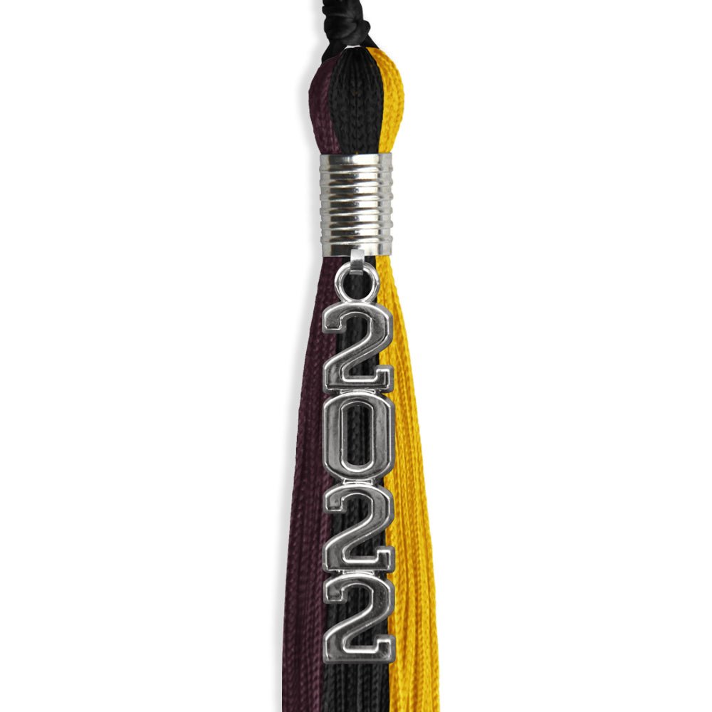 Black/Gold/Maroon Graduation Tassel With Silver Stacked Date Drop - Endea Graduation