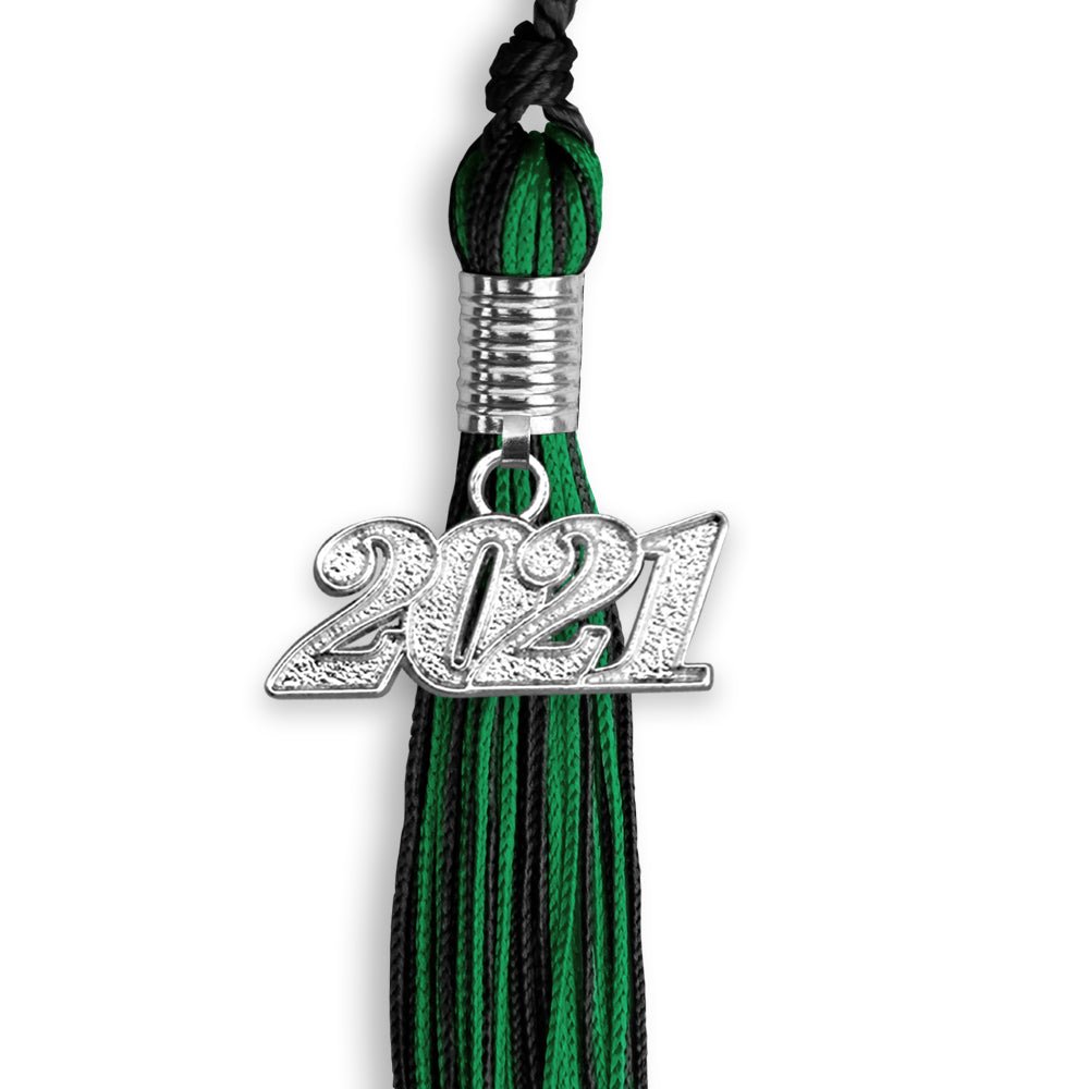 Black/Green Mixed Color Graduation Tassel With Silver Date Drop - Endea Graduation