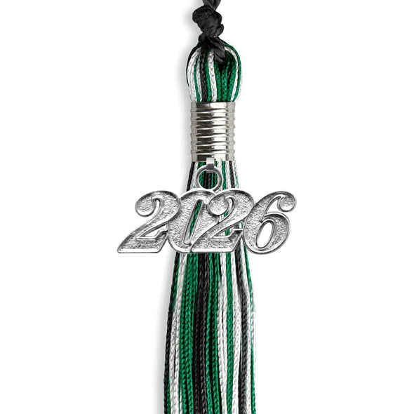Black/Green/White Mixed Color Graduation Tassel With Silver Date Drop - Endea Graduation